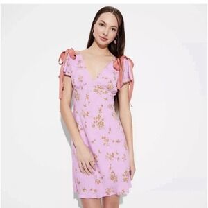 NWT~ Wild Fable sz XL Purple Floral Flutter Short Sleeve Mini Dress Bow tie HH53